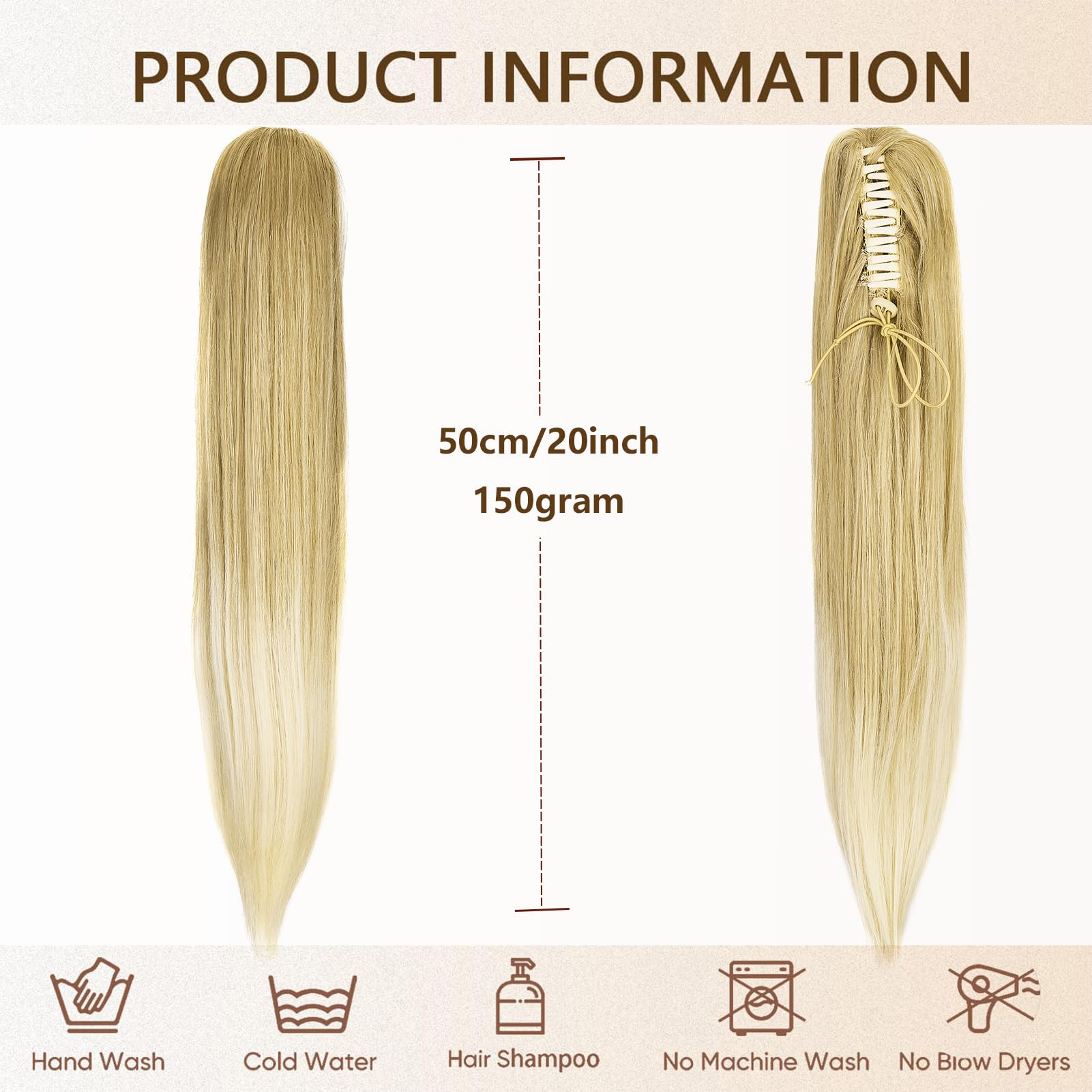 Cybelleza 20inch Ponytail Hair Extensions Straight Ponytail Claw Jaw on Long Straight Pony Tails Clip in Hair Extensions Synthetic Hair pieces for Women Dark Blonde Ombre Bleach Blonde - Image 4