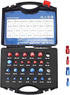 Nut Bolt Thread Checker 26 Pieces Set, 12 Metric and 14 Inch Gauges with Case, Red Blue for Narrow Area - Durable Aluminum, Easy Identification, Accurate Thread Size Finder