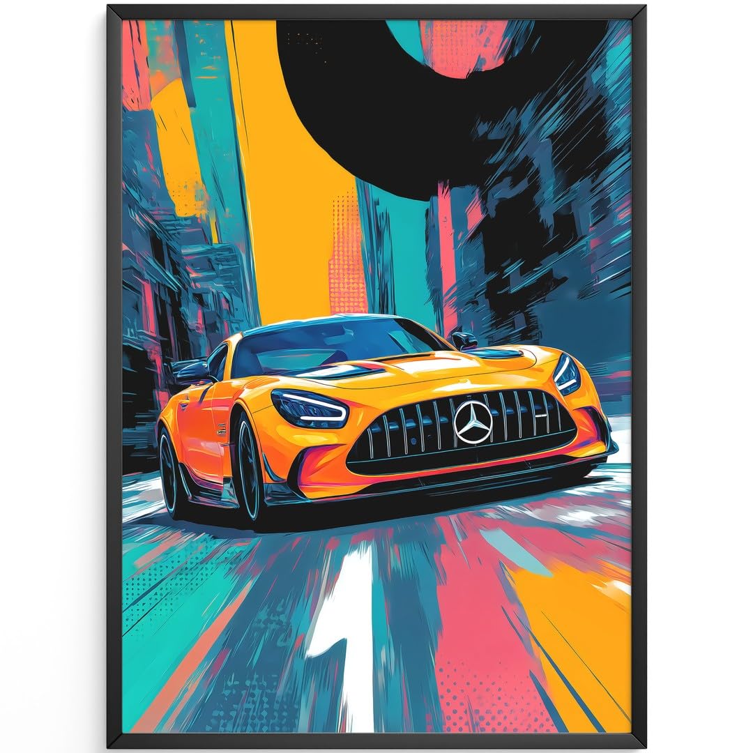 MJ-GRAPHICS® Poster Sportwagen Kunstdruck futuristisches Wandbild abstrakt orange blau urban Deko fürs Wohnzimmerbilder Auto Deko Bilder Büro Wanddeko A2 mit beigem Rahmen