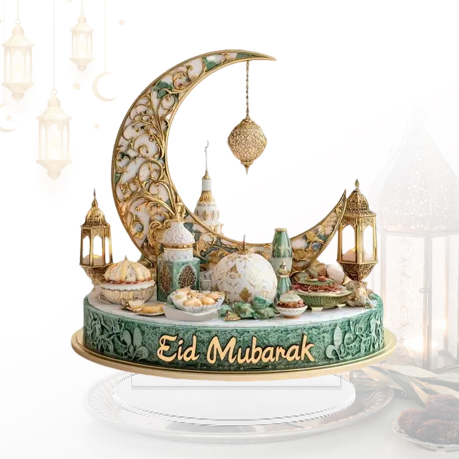 Table Ornaments, Ramadan Decorations Eid LED Night Light for Home, Festival Moon Castle Decoration Eids Hanging Ornament, 2D Acrylic Tiered Tray Decoration, for Dining Table, Office,Dormitory Desk (E)