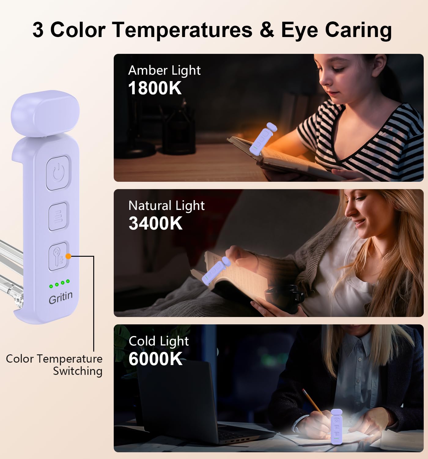 Gritin Book Light Rechargeable, Reading Light Lamp Clip on Books