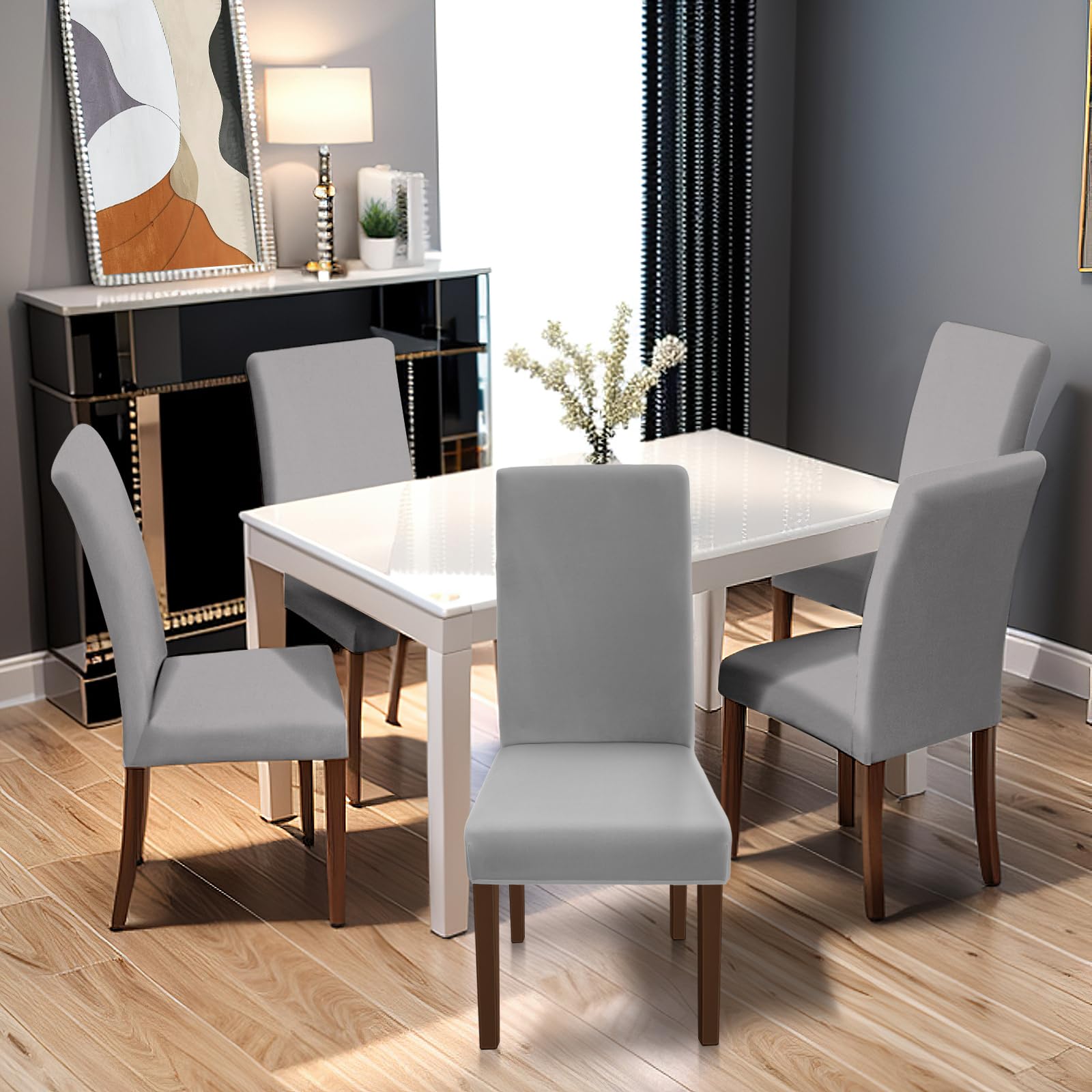 Yugarlibi Dining Chair Covers Set of 4 Stretch Chair Slipcovers Swing Chair Elastic Removable Dining Room Chair Covers Reusable Washable Chair Protector for Hotel Banquet Ceremony (Light Grey - Image 2