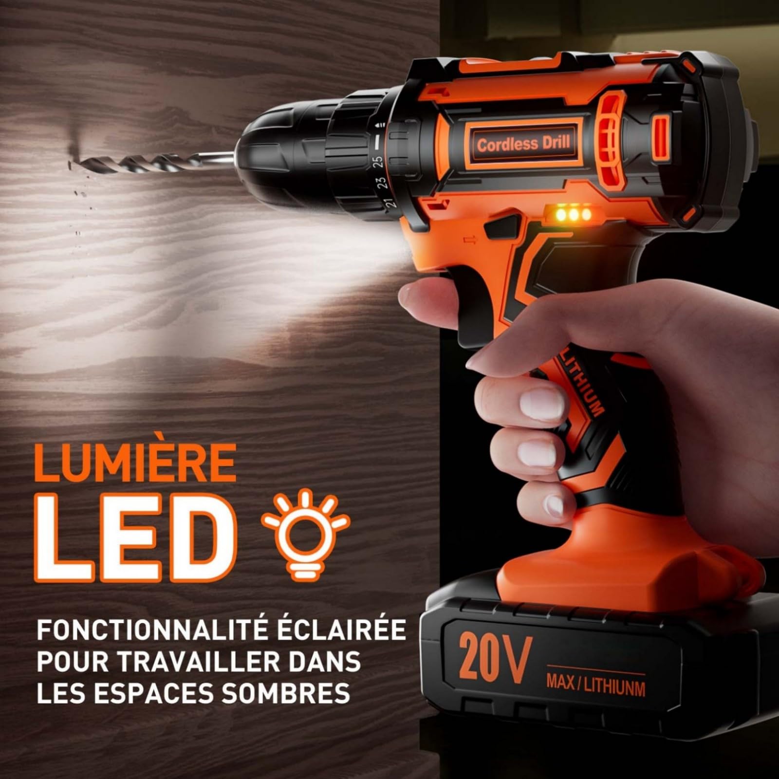 Perceuse Visseuse Sans Fil 20V, Visseuse Devisseuse Sans Fil avec 2 Batteries 2.0Ah, 42Nm, 25+1 Réglages de Couple, 2 Vitesses, LED, 24 Accessoires et Valise, pour la Bricolage