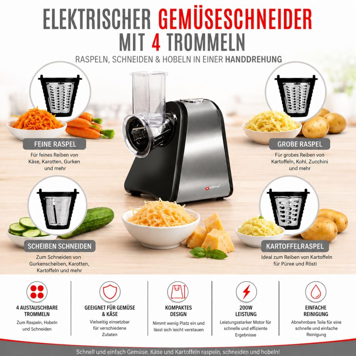 alpina Gemüseschneider Elektrische - Elektrische Gemüseraspel mit 4 RVS Messern - Multifunktionsreibe Elektrisch - Elektrischer Gemüsehobel Multifunktional, Silber