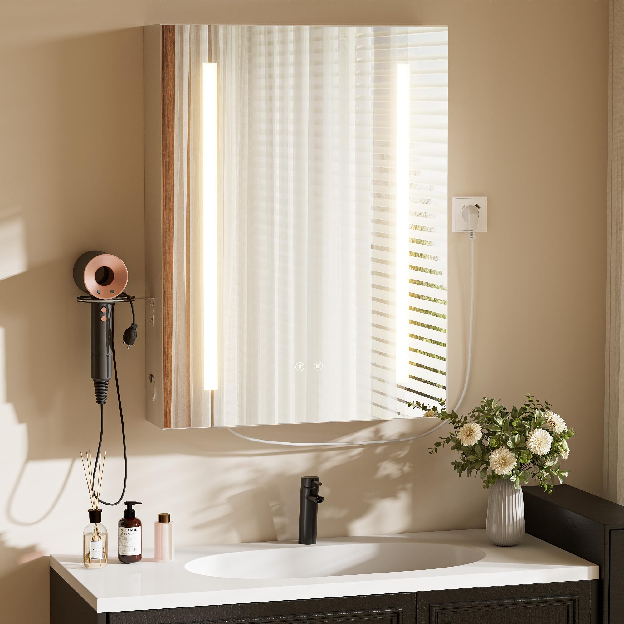 Meuble Salle Bain Avec étagères Armoire Salle De Bain Avec Miroir LED Intelligent - Commande Tactile 3 Lumières Mémoire Rangement Salle De Bain Mural