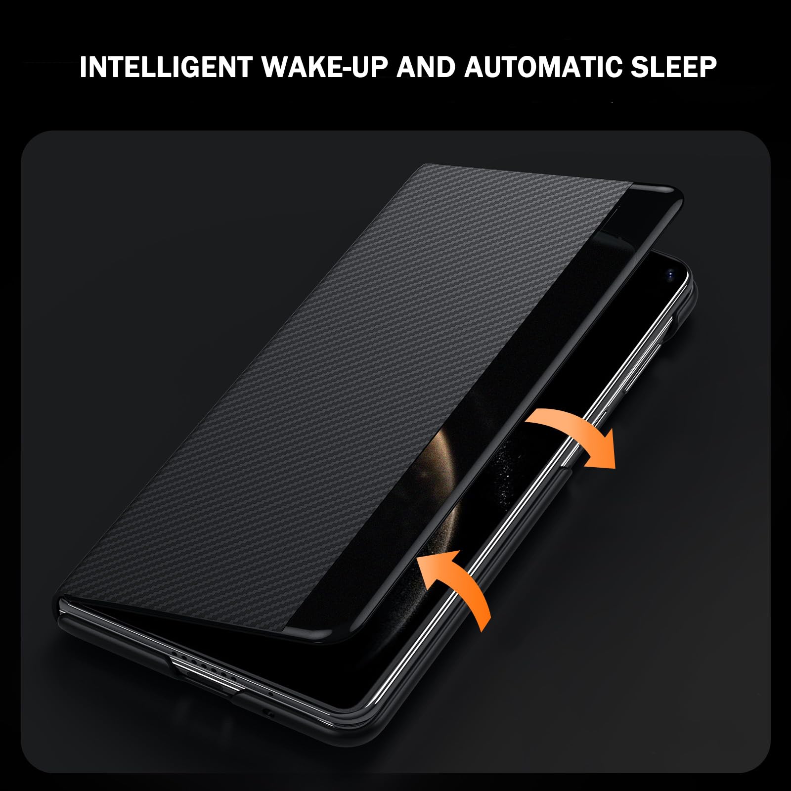 Skórzane etui do Huawei Mate X6, magnetyczne etui z teksturą włókna węglowego, funkcja widoku okna, ochrona całego korpusu, etui biznesowe, czarne, Mate X6