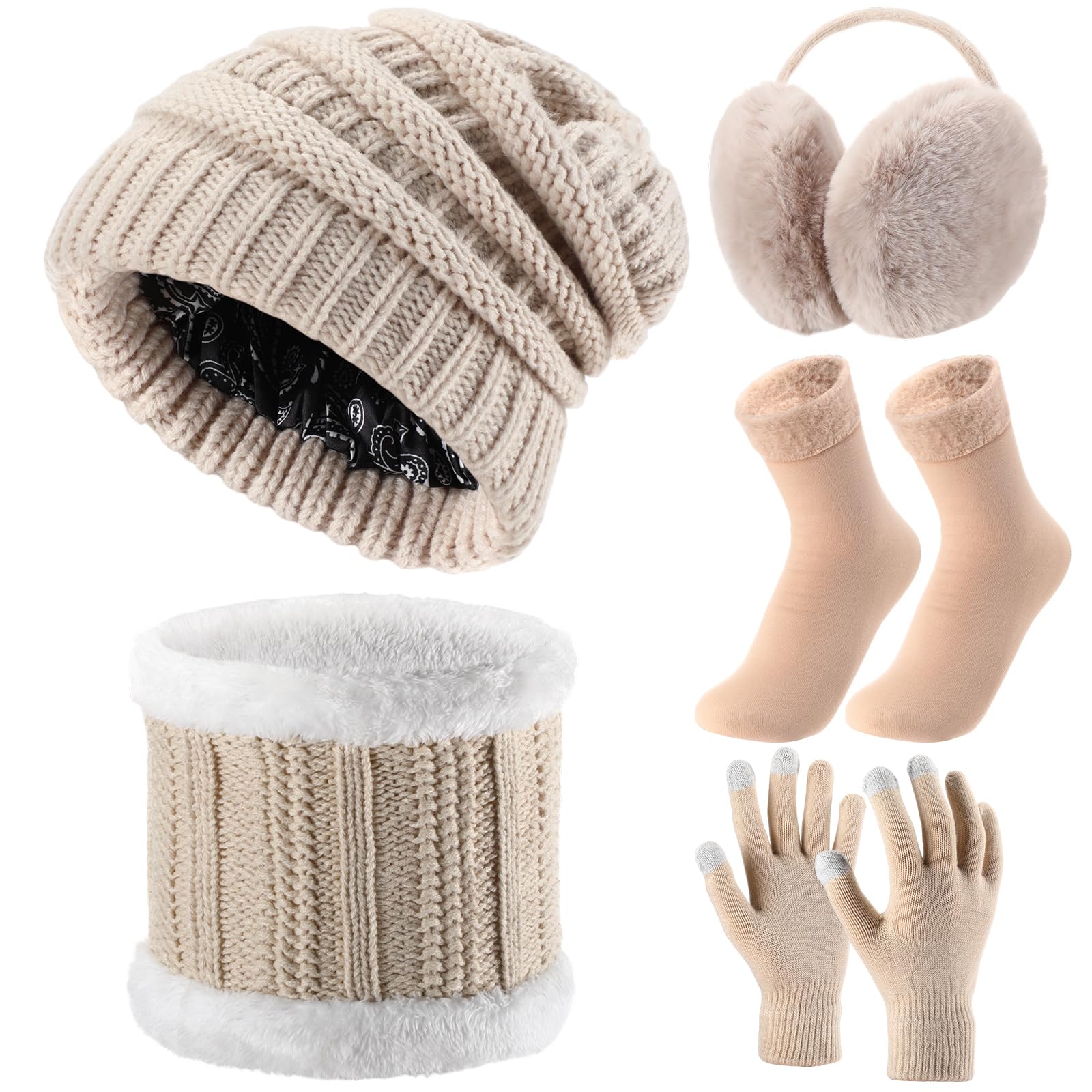 SATINIOR 5 Pcs Winter Hat Scarf Gloves Set Knit Satin Lined Pompom Beanie Warm Touchscreen Gloves Earmuff Warmer for Women(Pink,Classic Style)