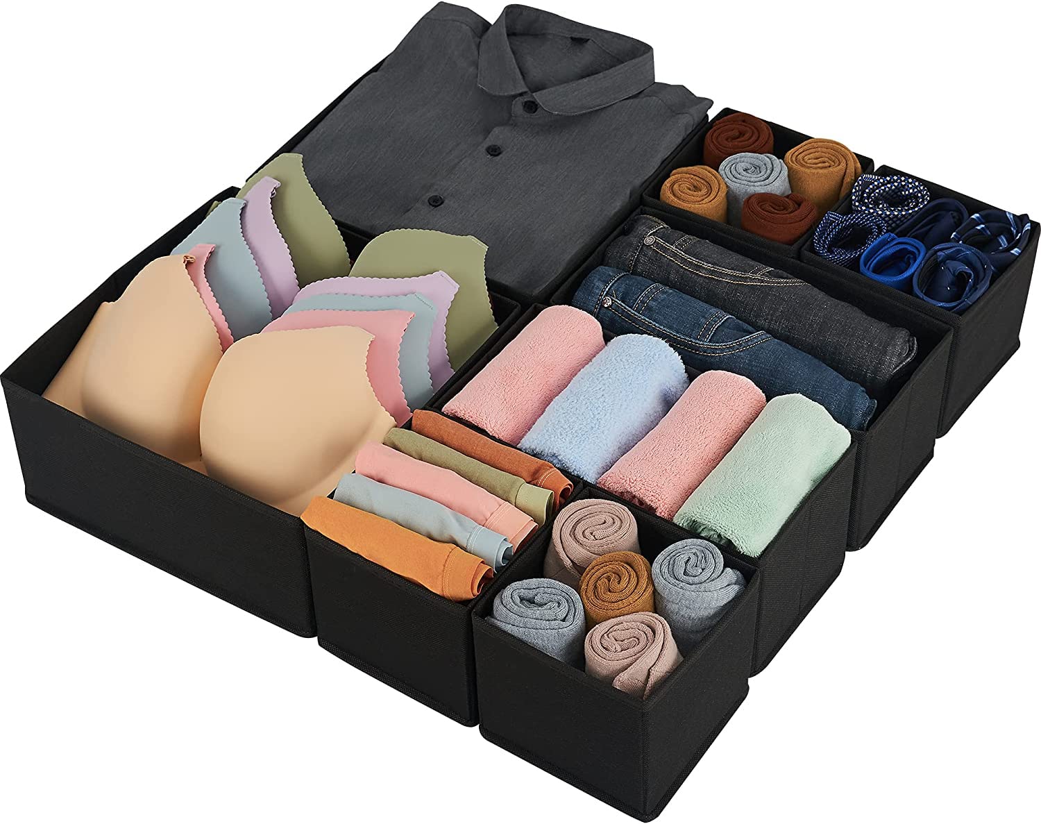 House of Quirk Foldable Clothing Storage Box Drawer Organizer Cube Basket Bins Containers Divider With Drawers For Underwear, Ties, Scarves, Set of 8 (Black, Non-Woven & Cardboard), 28 x 28 x 13 Cm