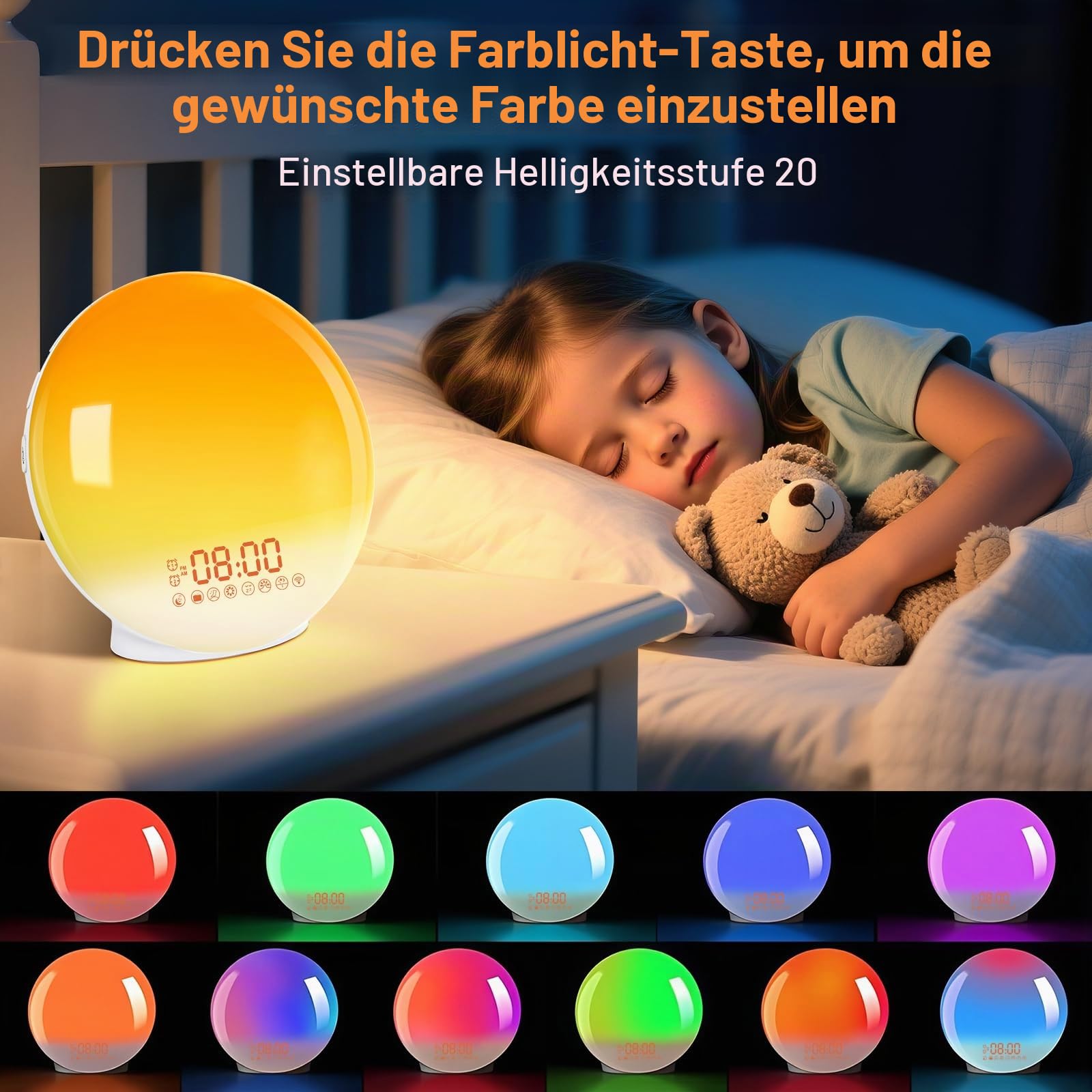 Tageslichtwecker,Wake Up Light, Lichtwecker, Bawoo Sonnenaufgang Sonnenuntergang Wecker Radiowecker mit 7 Natürlichen Töne 20 Helligkeit 2 Alarmen Schlummerfunktion UKW-Radio für Erwachsene & Kinder