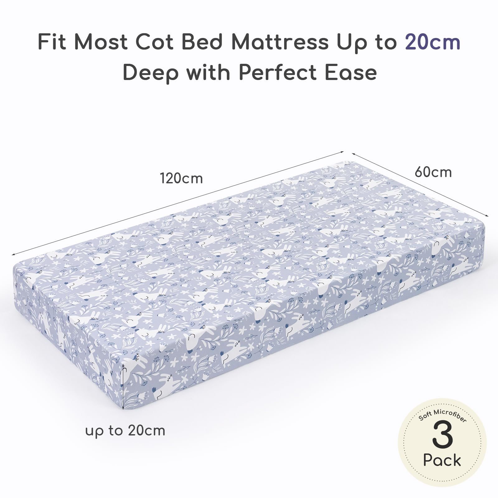 Yukkidds 60x120cm Fitted Baby Cot Sheets Soft Microfiber Bedding for Cot Bed Mattress Hypoallergenic Machine Washable 3 Pack Blue Rabbit - Image 3