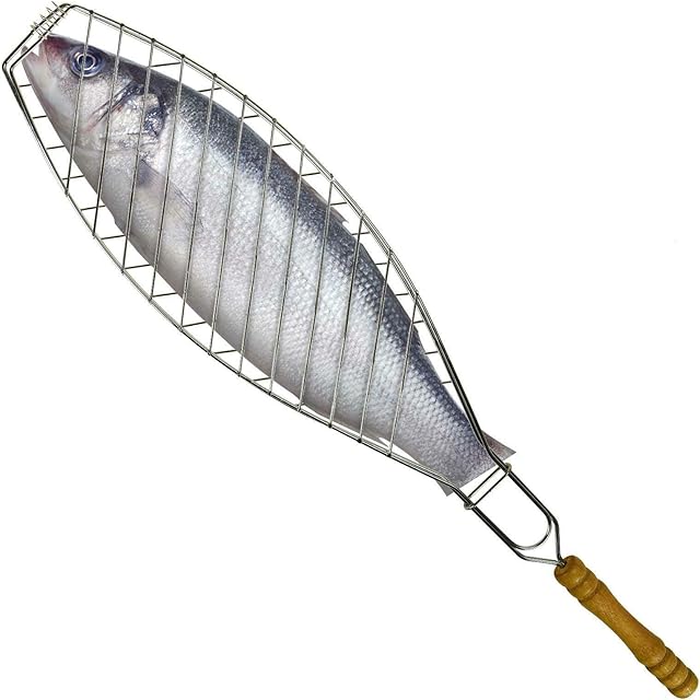 Trading Innovation Barbecue Fish Grill Basket | Stainless Steel Wired Grill with Wooden Handle | BBQ Outdoor Kitchen Tools Portable Grilling Cookware (12 x 54 x 2 cm)