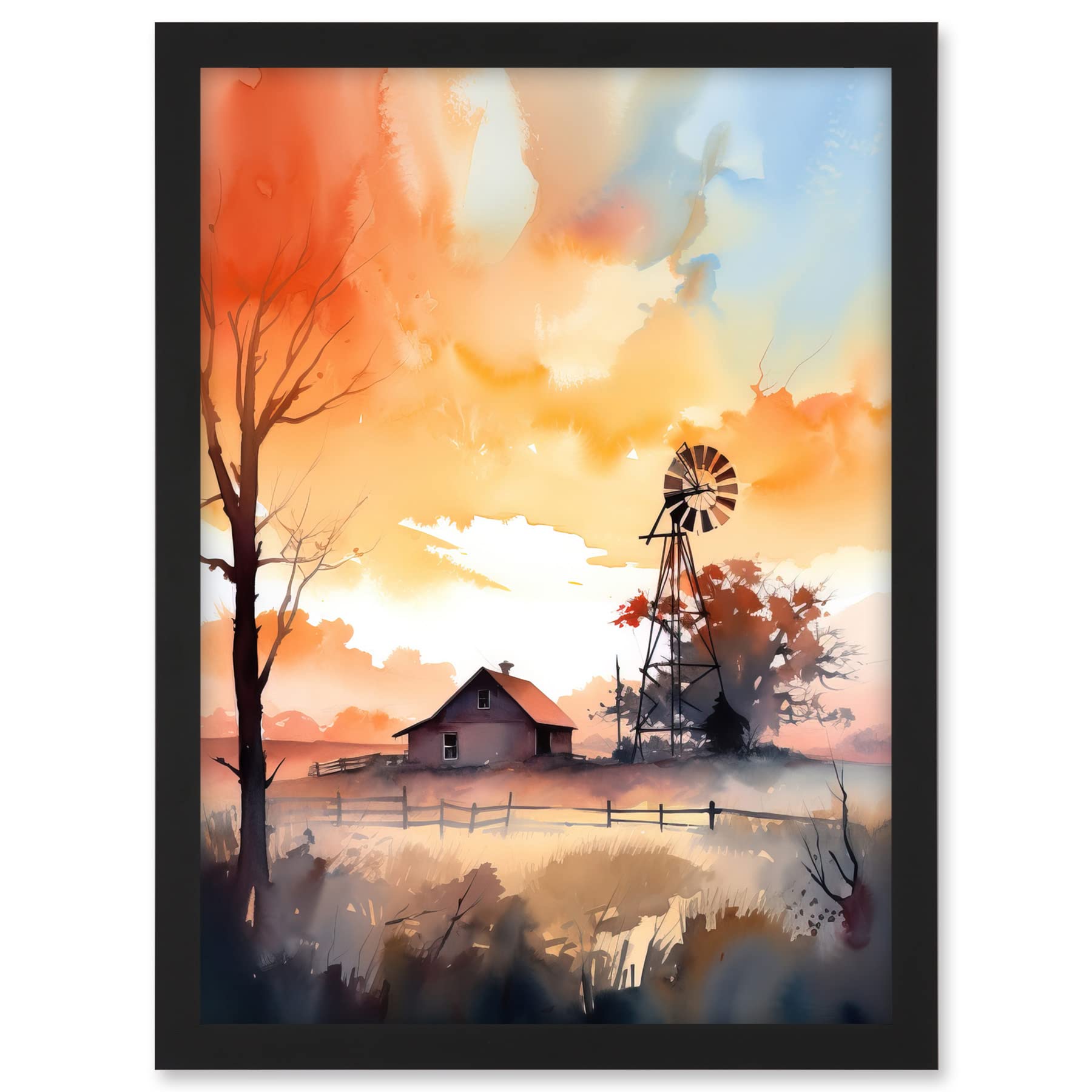 Artery8 Sunrise Clouds over Countryside Farmhouse Cabin with Old Windmill Tower Modern Watercolour Painting Artwork Framed A3 Wall Art Print