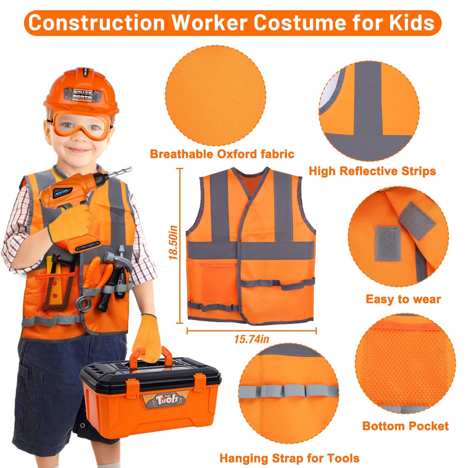 Magic4U 49PCS Werkzeugkoffer Kinder,Werkzeugkasten,Bauwerkzeug Spielzeug,Kinder Werkzeug Spielzeug Set,Werkzeugkoffer Weste Hammer Bauhelm Spielzeug Junge Mädchen ab 3 4 5 6 7 8 Jahre