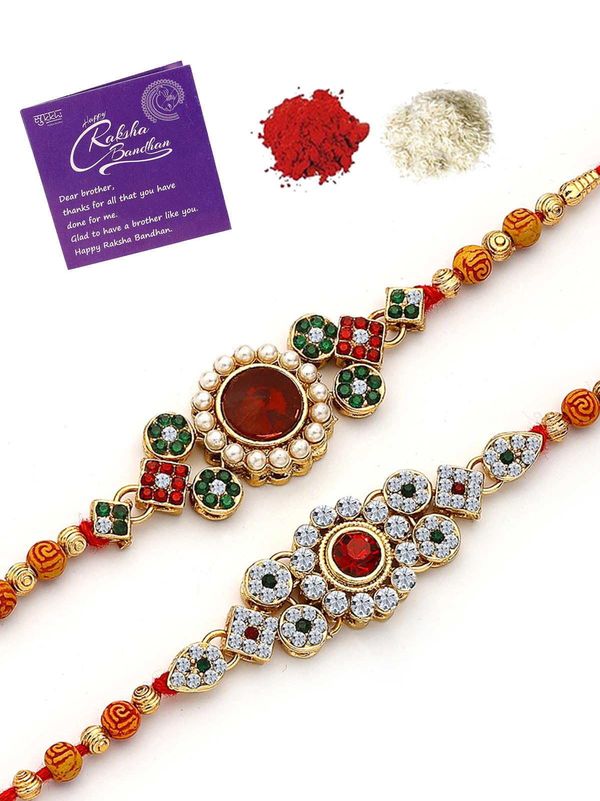Sukkhi Rakhi Trendy Floral Design Gold Plated AD Stones & Pearls Combo Rakhi for Brother With Roli Chawal & Greeting Card| Set of 2|CBRAK107443 discount deal