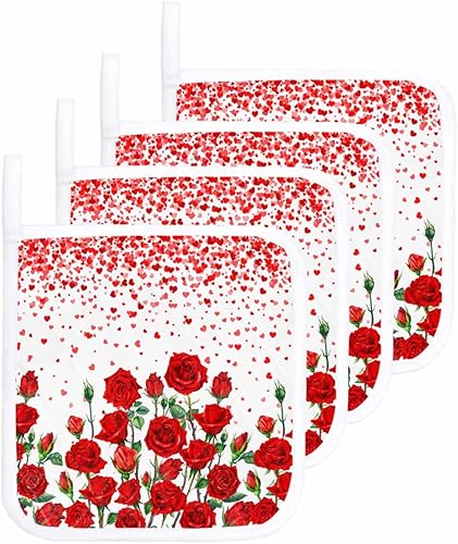 Miniatura 1 de 4 Packs Red Rose Pot Holders Sets for Kitchen,Oven Pan Plate Bowl Pads Heat Proof Mat with Hanging Loop,Terry Cloth Potholders Soft Grip for Cooking