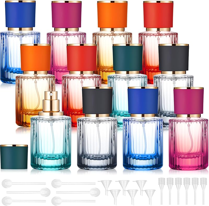 Teenyyou Frascos de Perfume Recarregáveis de Vidro com Spray, 50 mL, Multicoloridos, Pacote com 12
