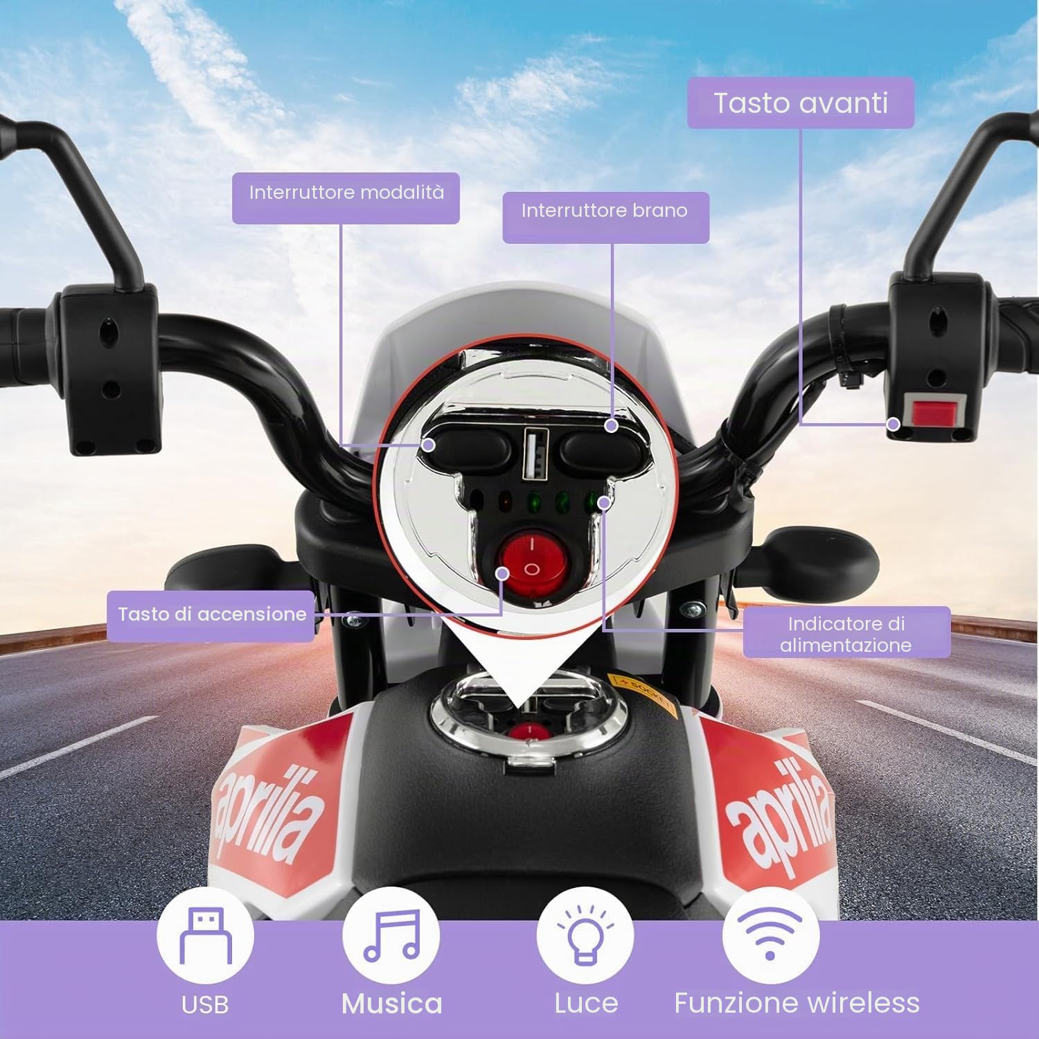FANTASK Motore elettrico da 12 V per bambini da 5,5 a 6 km/h, moto per bambini con ruote di supporto e musica e fari, moto in bianco e nero per bambini dai 3 agli 8 anni