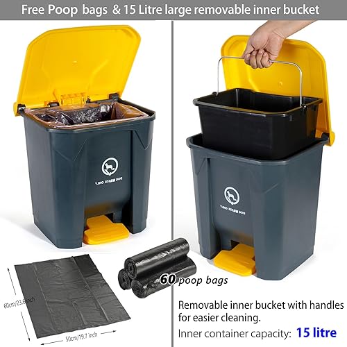 Miniatura 5 de Cubo de basura para excrementos de perro al aire libre con recogedor de excrementos y 60 bolsas de excremento gratis, cubo de basura de perro de 4