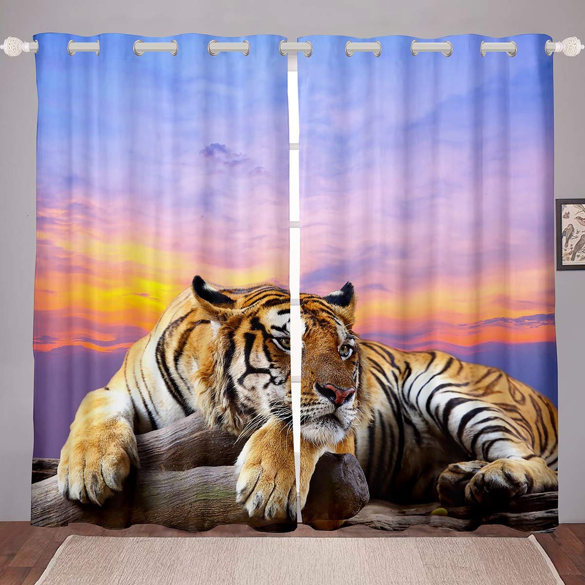 Tbrand Tiger Vorhänge Wildtiere Muster Fenstervorhang 245x140cm für Kinder Jungen Mädchen Safari Katzendruck Blickdichte Vorhänge Sonnenuntergang Natur Landschaft