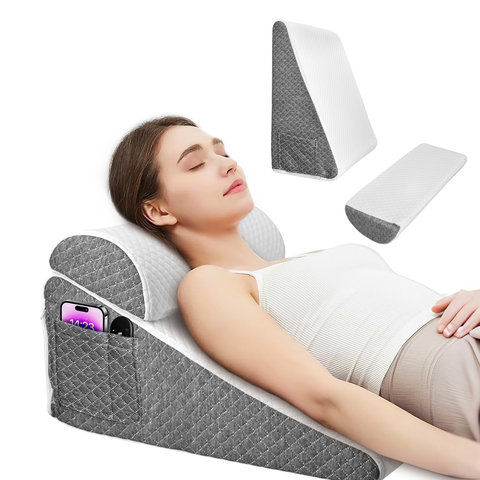 Cuscino a Cuneo per Letto 2pcs, Cuscino Antireflusso Adulti, Cuscino Triangolare Regolabile, Ergonomico per Apnea Notturna, Reflusso Acido, Elevazione Gambe, Memory Foam 25D