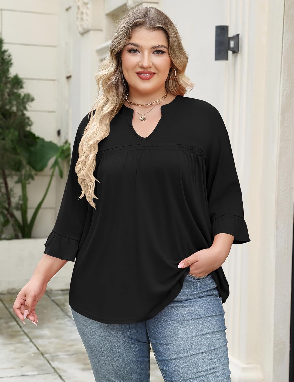 TFSDOD Plus Size Tops for Women V Neck 3/4 Sleeve Pleated Blouses Dressy Casual Fashion Tunic Top (1X-5X) - Image 2