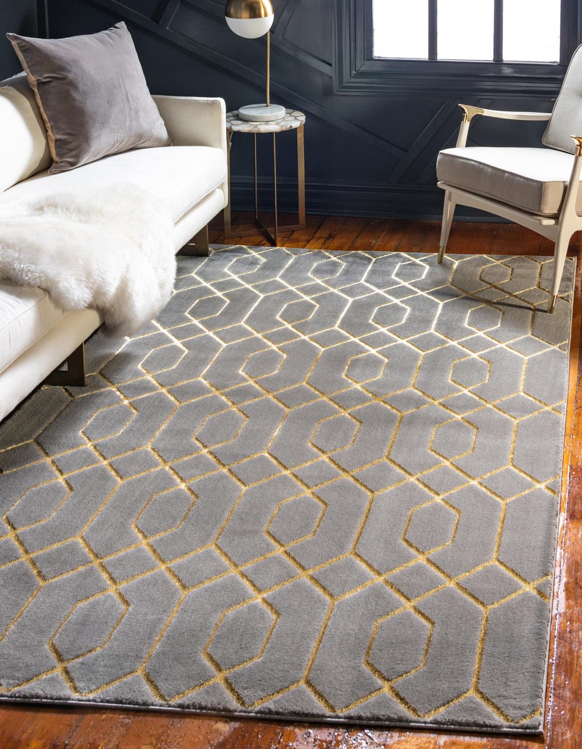 Unique Loom Glam Collection Area Rug - Trellis (7' 1' x 10' Rectangle, Gray Gold/ Gold)
