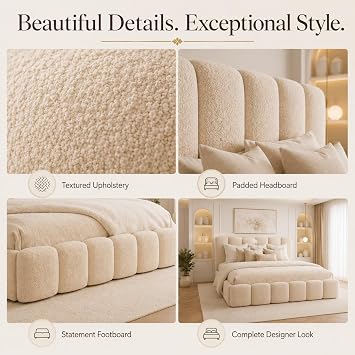 Cream Teddy Fabric Bed Frame | Super King Bed Frame | Teddy Boucle Fabric with 48” CloudSoft Soft Padded Headboard | Luxury Wooden Bed Frame for Bedroom Furniture