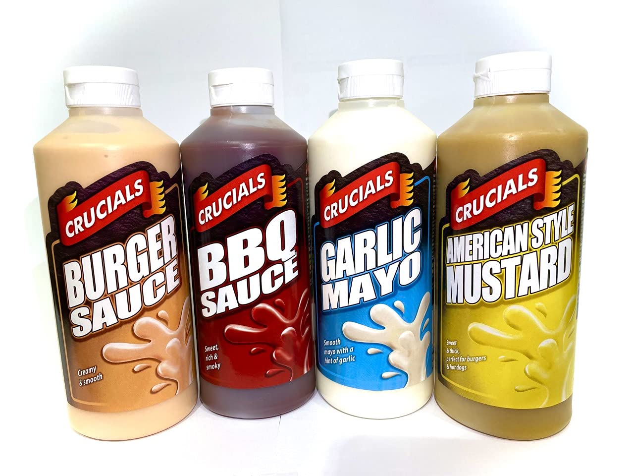 4 x Crucials Sauce (Burger/BBQ/Garlic/Mustard) - 500ml (& burger seasoning mix)