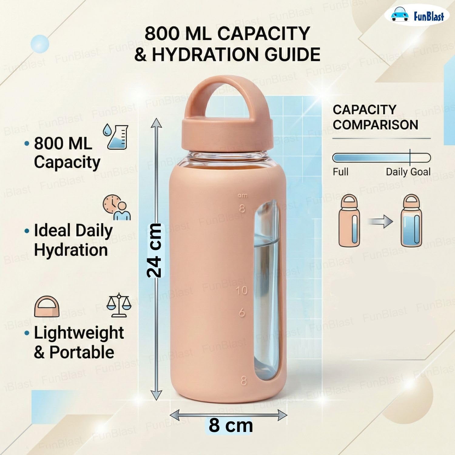 FunBlast Glass Water Bottle - 800ml, Leak-Proof -2