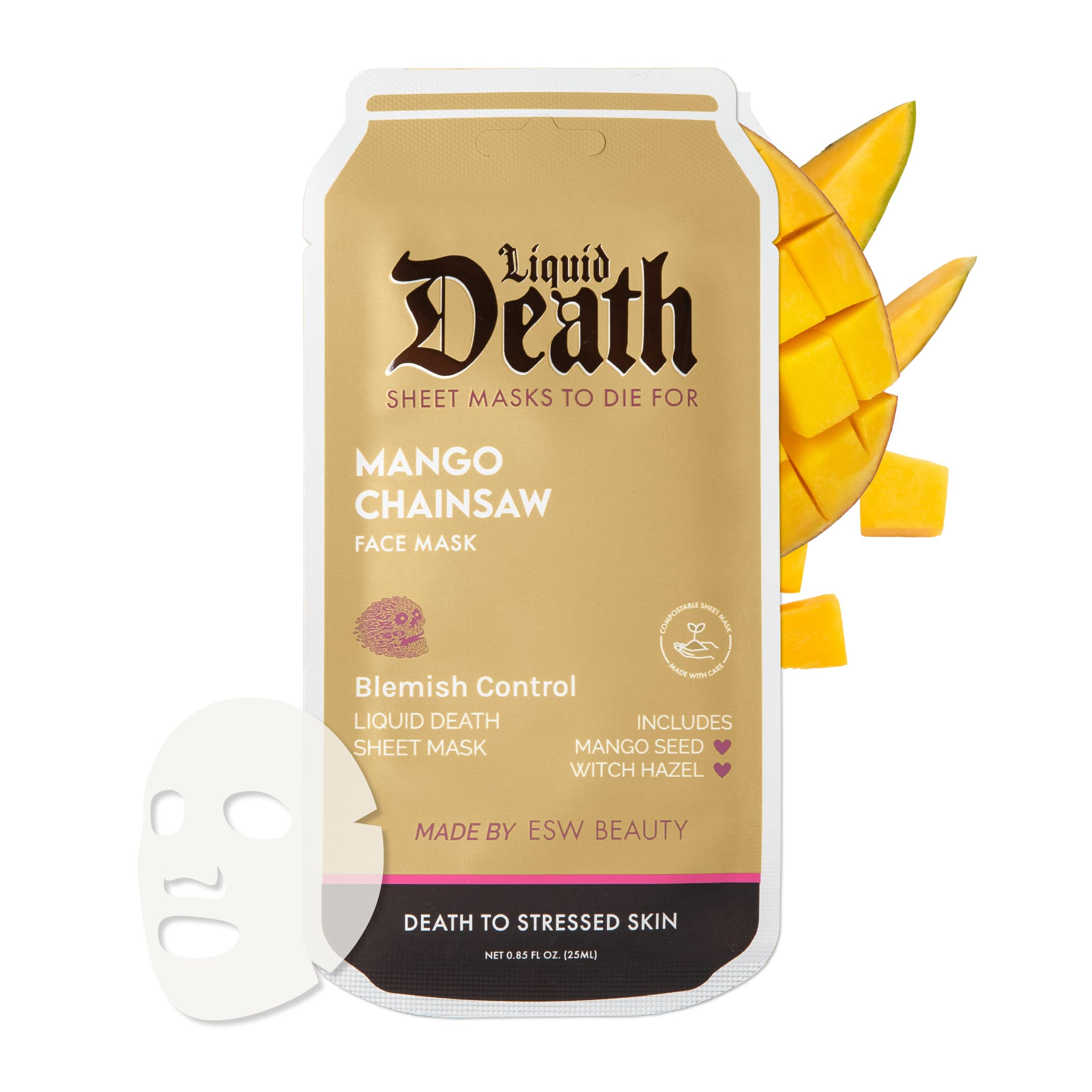 ESW Beauty Liquid Death Limited Edition Mango Chainsaw Face Mask Blemish Control Sheet Mask with Mango Seed Tea