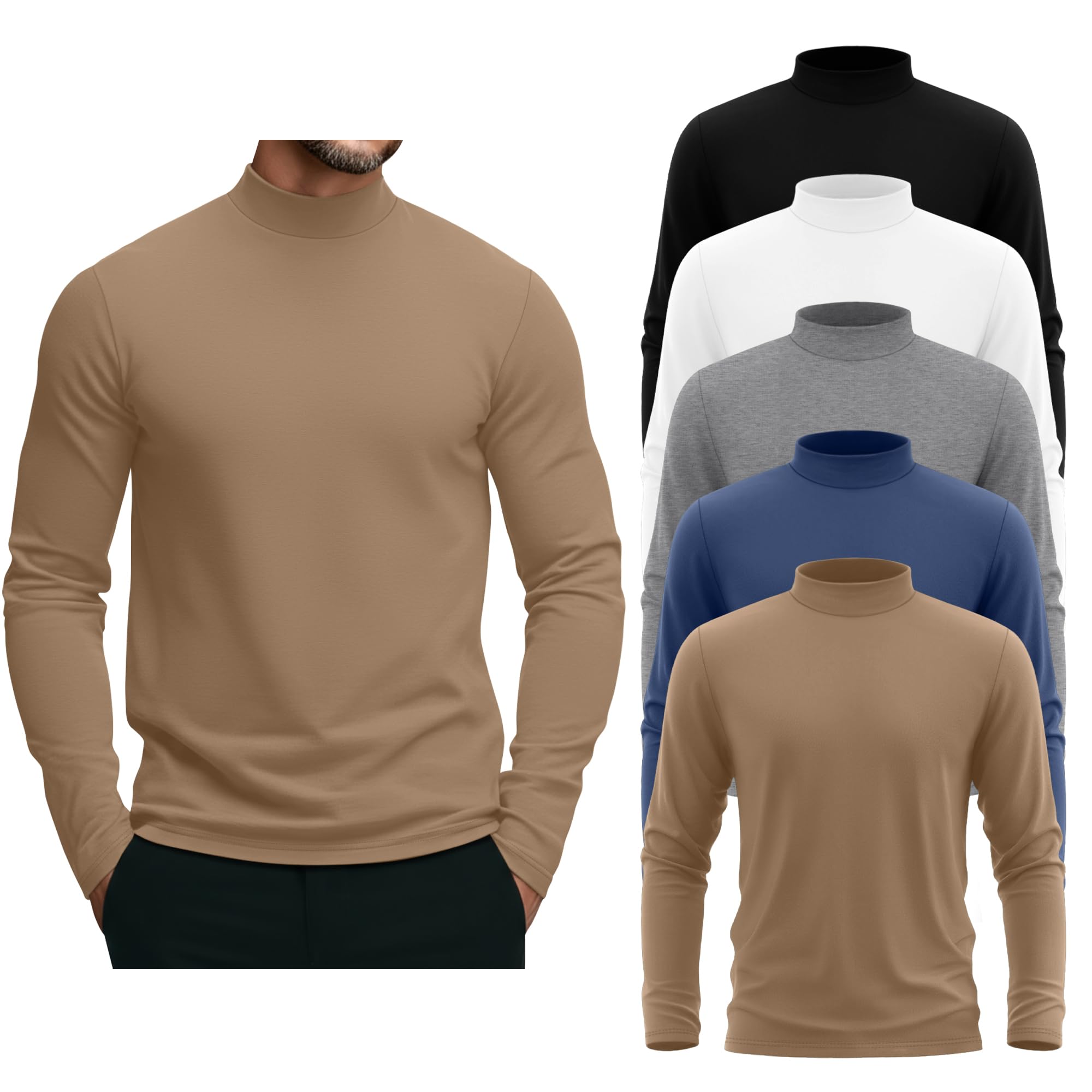 Photo 1 of August Alley 5 Pack Men's Mock Turtleneck Shirts, Long Sleeve Tops Pullover Basic Casual Slim Fit Lightweight T-Shirts Pack(Black, White, Light Mixed Gray, Haze Blue, Khaki,Medium)