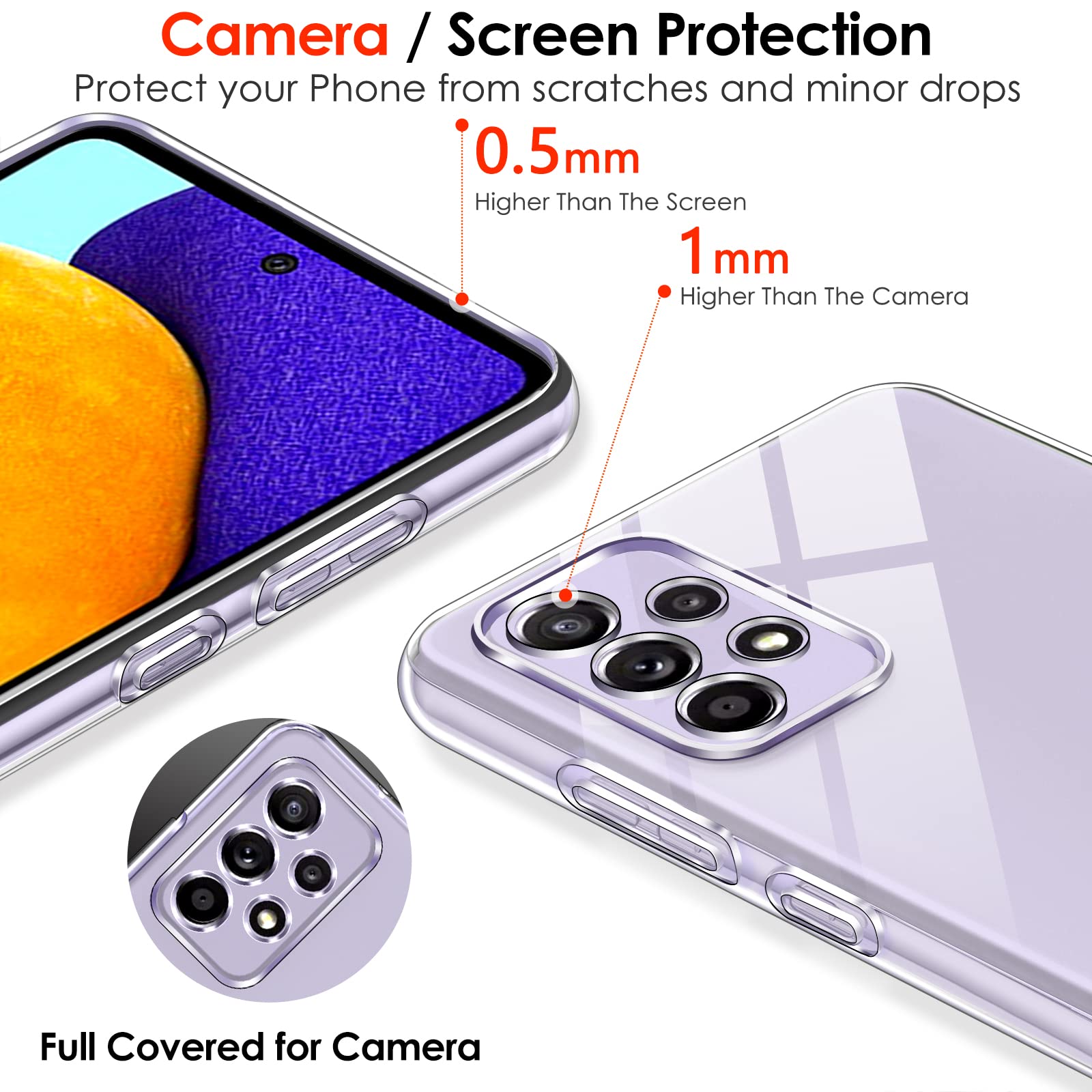 iVoler Custodia Cover per Samsung Galaxy A52 4G / 5G / A52S 5G con 3 Pezzi Pellicola Vetro Temperato, Ultra Sottile Morbido TPU Trasparente Silicone Antiurto Protettiva Case