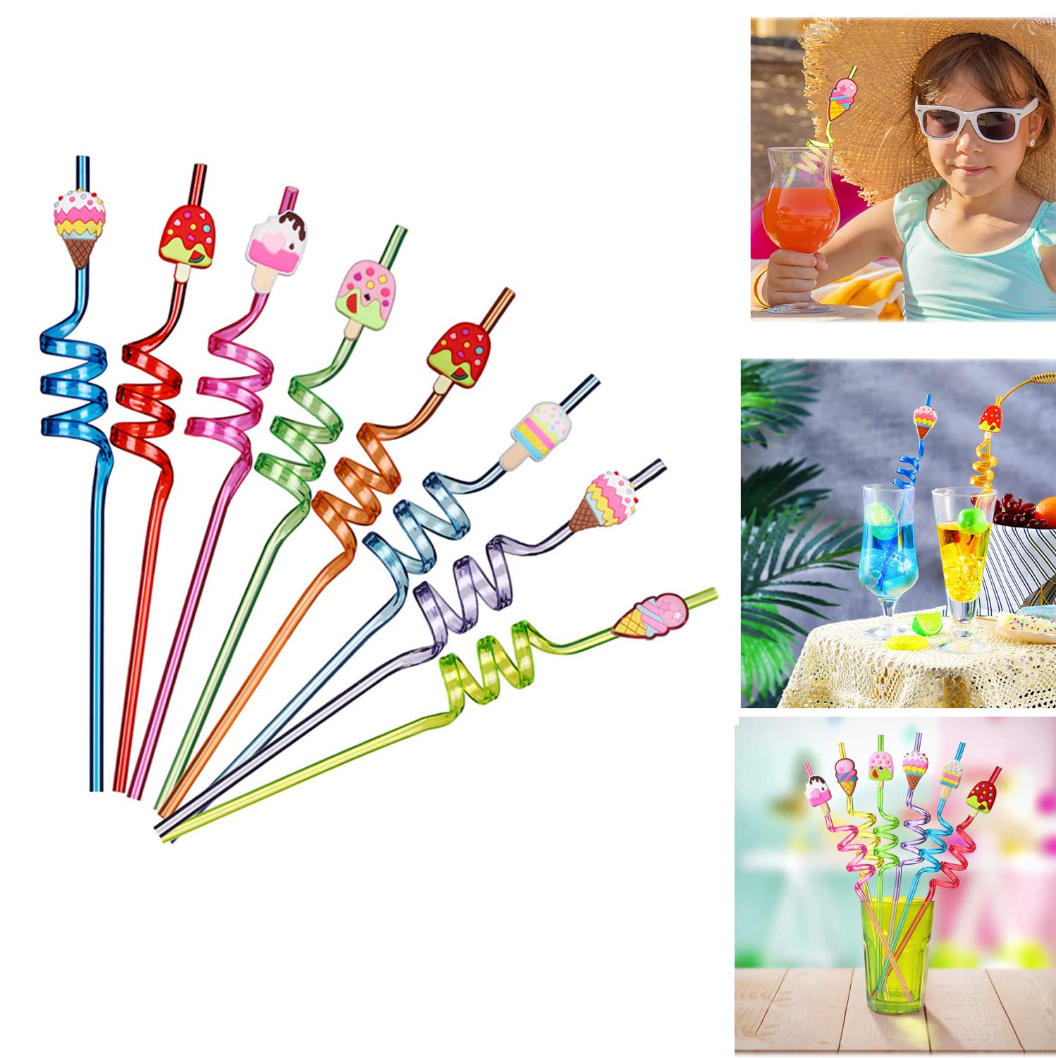 Reusable Straws Plastic, 8Pcs Reusable Ice Cream Straws, Drinking Straws for Birthday Party Decorations, Ice Cream Theme Party Cute Curved Straw for Hawaiian Summer Beach Party Supplies (Ice Cream)