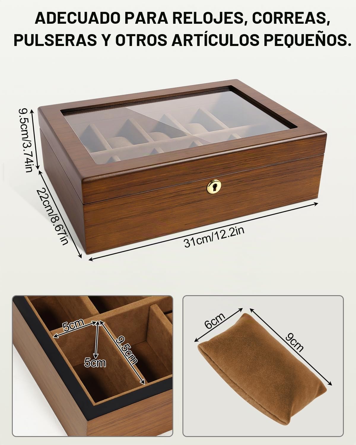 Uten Caja de reloj con 10 ranuras, organizador de relojes con cerradura dorada y llave, caja de almacenamiento de madera con cojines extraíbles para reloj, forro de terciopelo, cierre de metal, regalo
