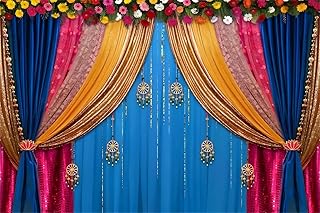 CSFOTO 7x5ft Indian Traditional Backdrop Colored Curtains Marigold Photography Background Indian Hindu Wedding Banner Happy Holi Diwali Pooja Party Decorations Photo Props