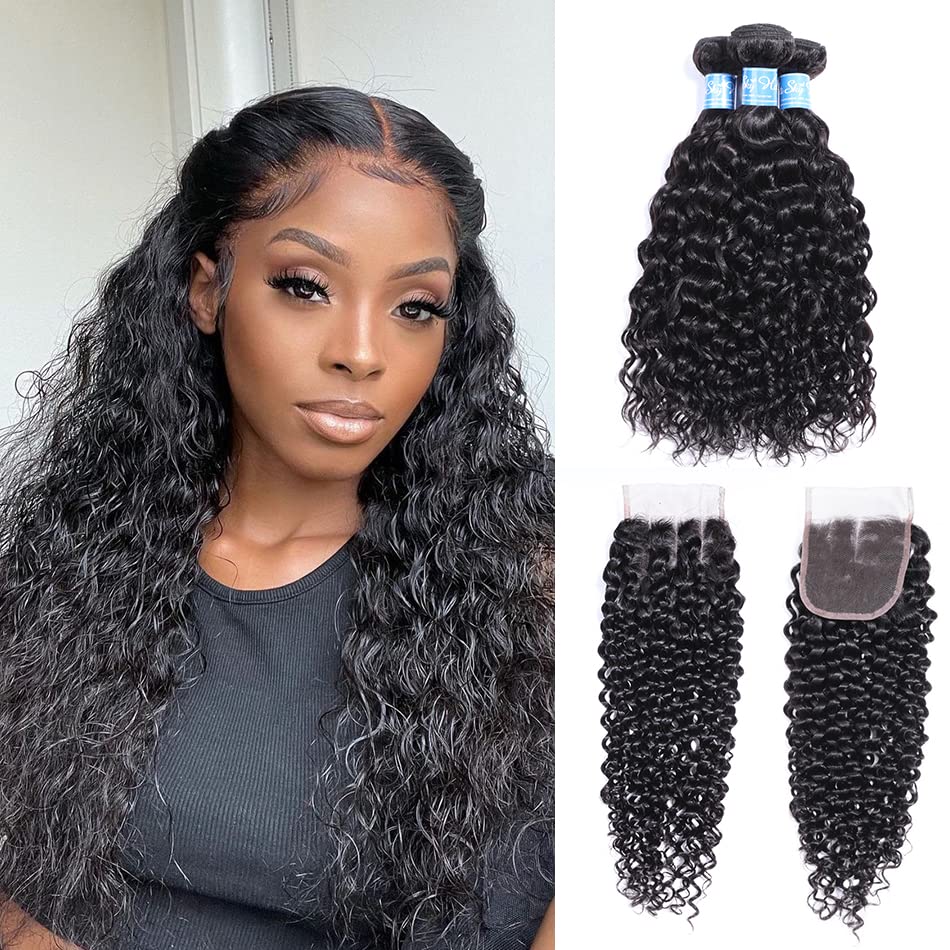 Panse Hair Brazilian Wate Wave Hair Bundles With Closure 100% Unprocessed Virgin Human Hair With Closure 16 18 20 +14 Free Part Brazilian Wet and Wavy Hair Bundles with Closure 1B Color…