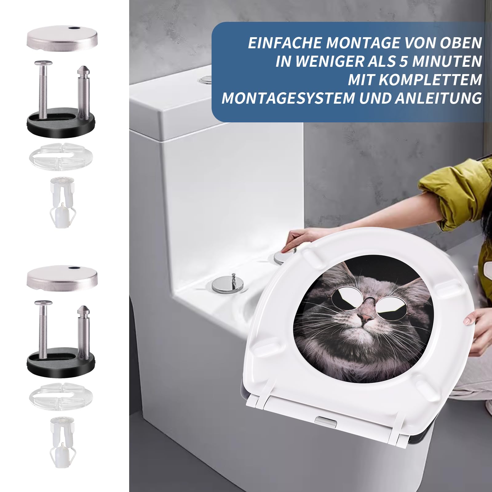 Toilettendeckel mit Absenkautomatik, WC Sitz mit Absenkautomatik Oval Form klodeckel Einfache Reinigung, Abnehmbarer WC-Sitz, 150kg belastbar, einfache Montage – Motiv: Schwarze Katze