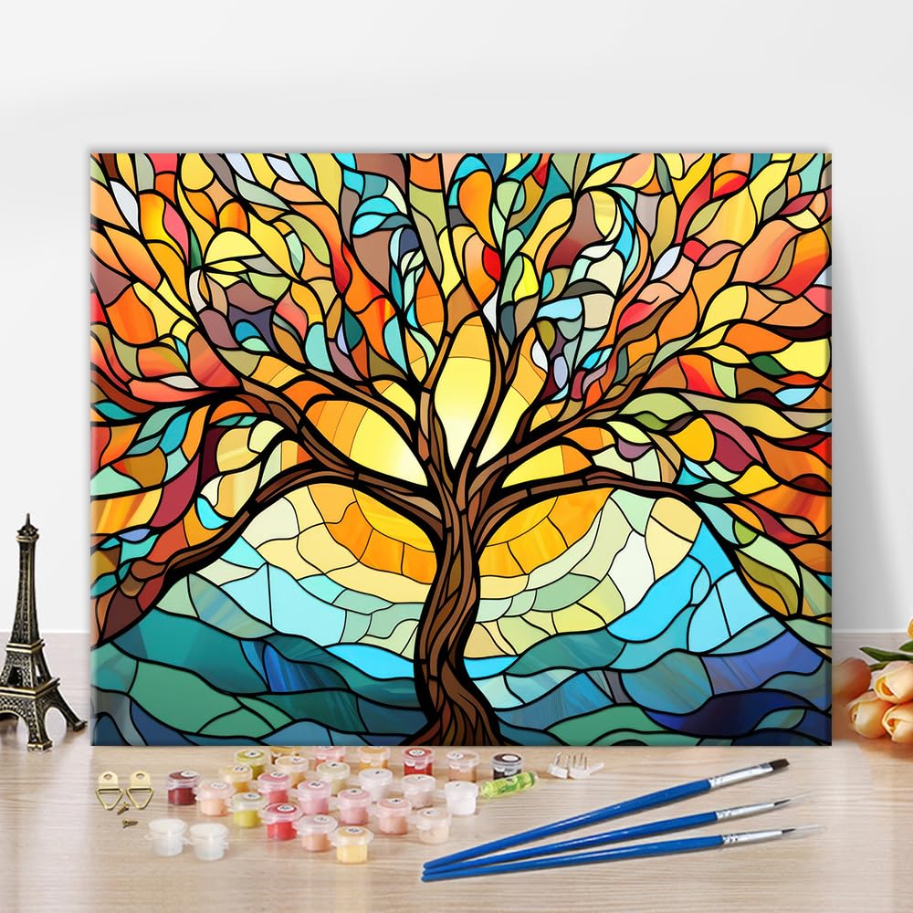Rebotipy Paint by Numbers for Adults Abstract Tree Painting Stained Glass-Style Wall Illustration Oil Painting Art Decor Paint by Numbers Kits for Home Decor 16x20 Inch