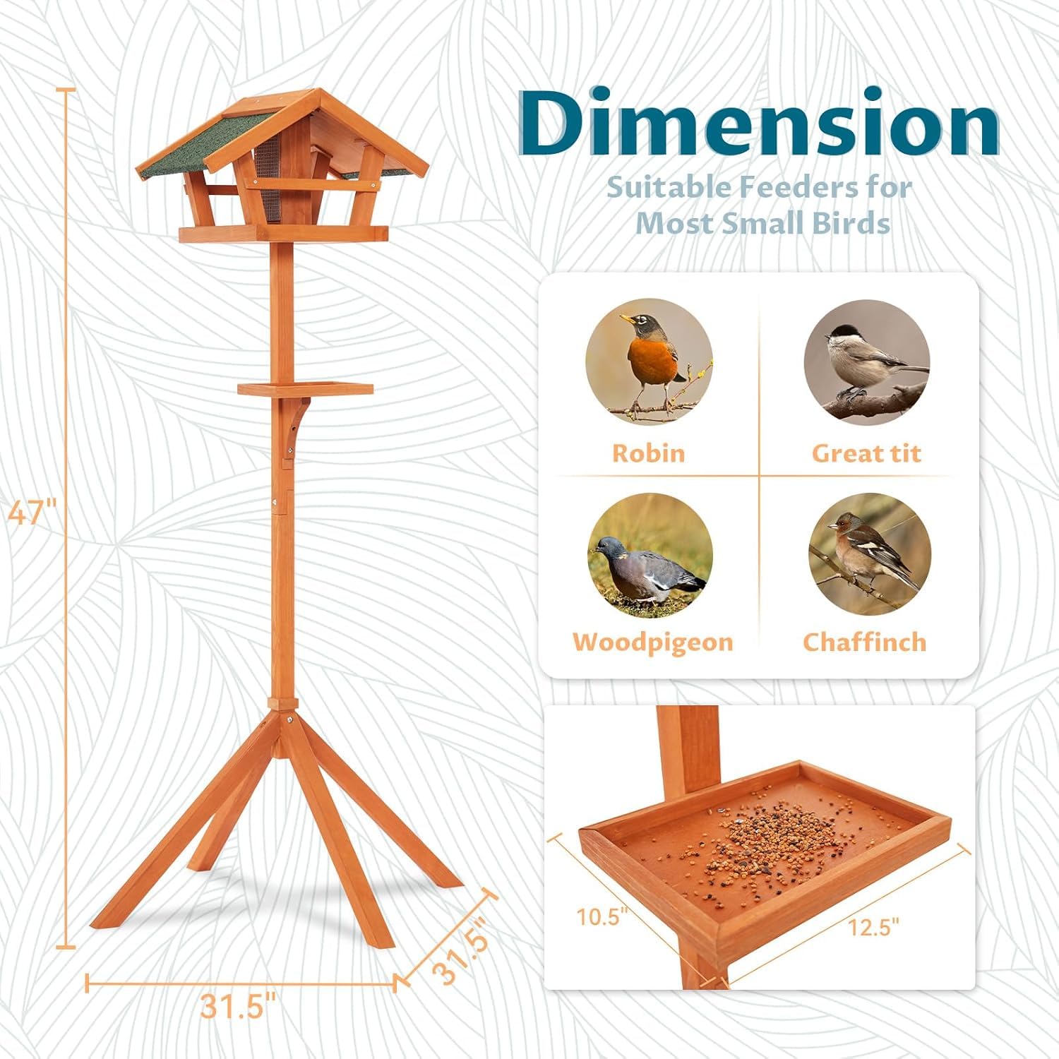 Petsfit Tavoli per uccelli per uso in giardino, mangiatoia per uccelli rialzata da 151 cm, facile da montare, in legno, resistente alle intemperie, con mangiatoie rimovibili e 2 vassoi per mangiatoie