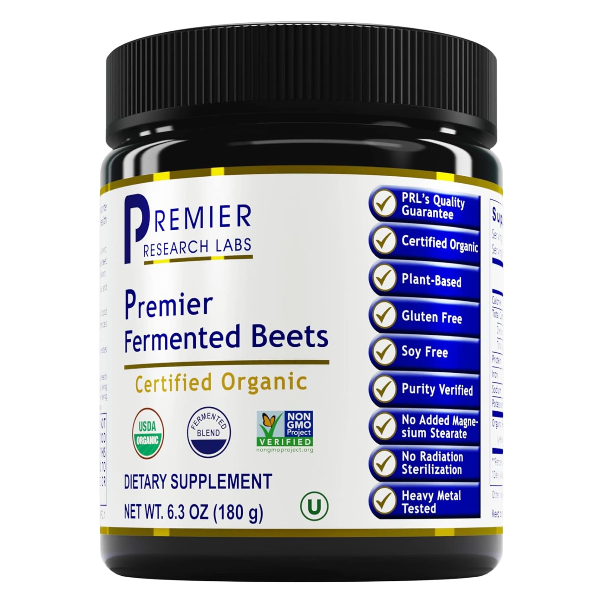 Premier Fermented Beets - Beet Root Powder Fermented, Organic Fermented Beets for Men & Women, Beetroot, Nitrates, Blood Pressure Support, USDA Organic - 6.3 Oz Jar