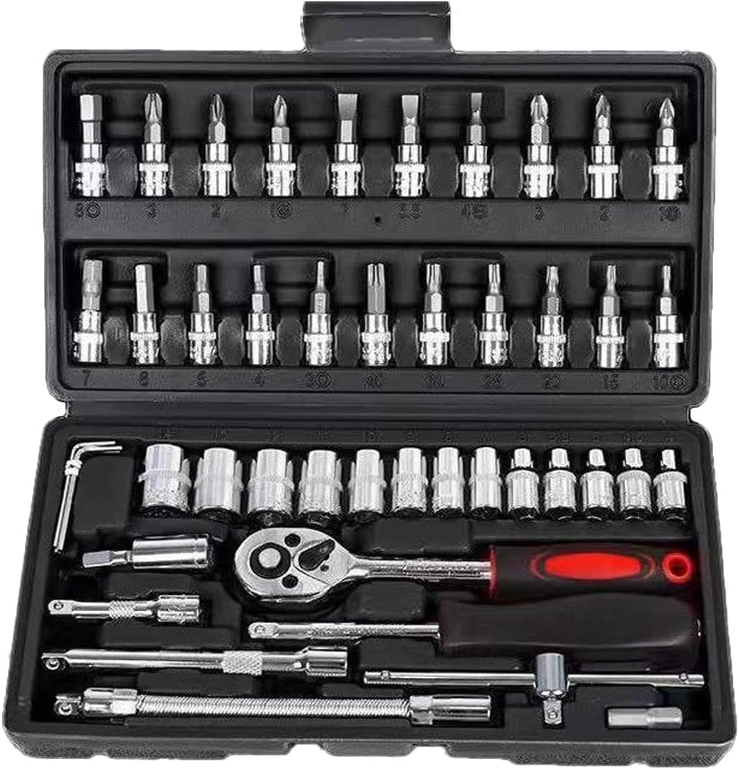 Azonee 46 Pcs Socket Wrench Set, 1/4 inch Drive Socket Ratchet Wrench Set, Automotive & Household Repair Socket Kit, Metric Socket Wrench Repair Tools