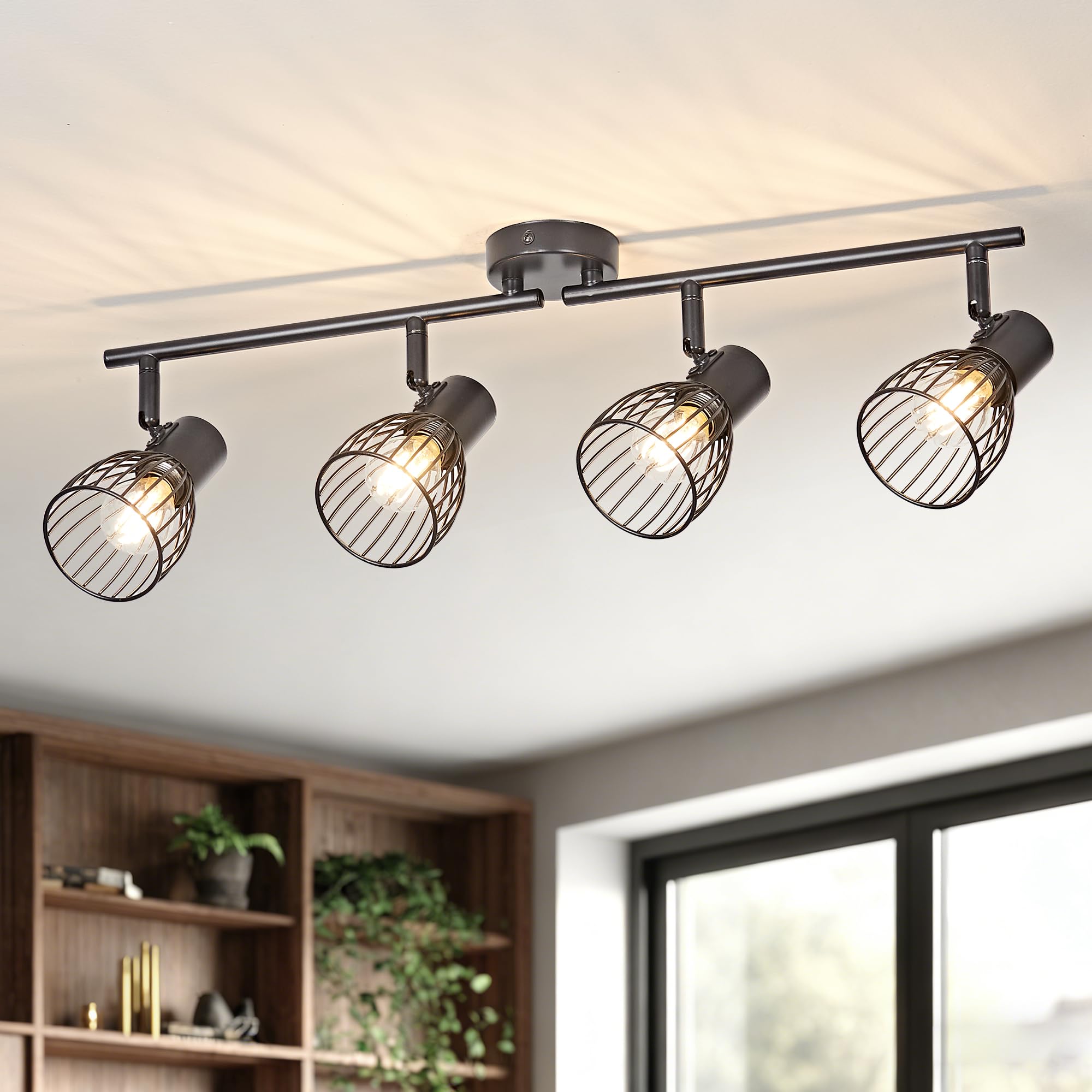 OKELI 4 Way Spotlights Ceiling Light Black, Kitchen Lights Ceiling with Rotatable E14 Socket, Rods Adjustable Spot Light Fitting Ceilings for Kitchen Bedroom Living Room, Bulb Not Included