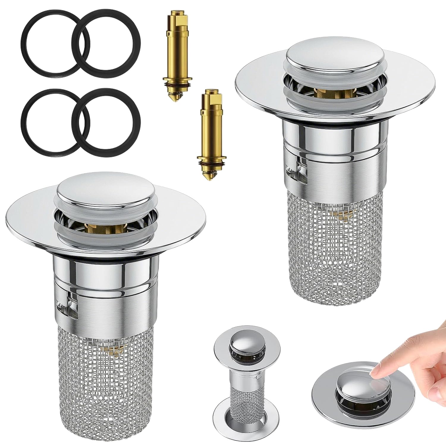 2 Pcs Universal Bathroom Sink Plug Replacement, Pop Up bathroom Sink Plugs Stainless Steel Hair Catcher with Strainer for 30mm-40mm Bath Kitchen Drain Holes
