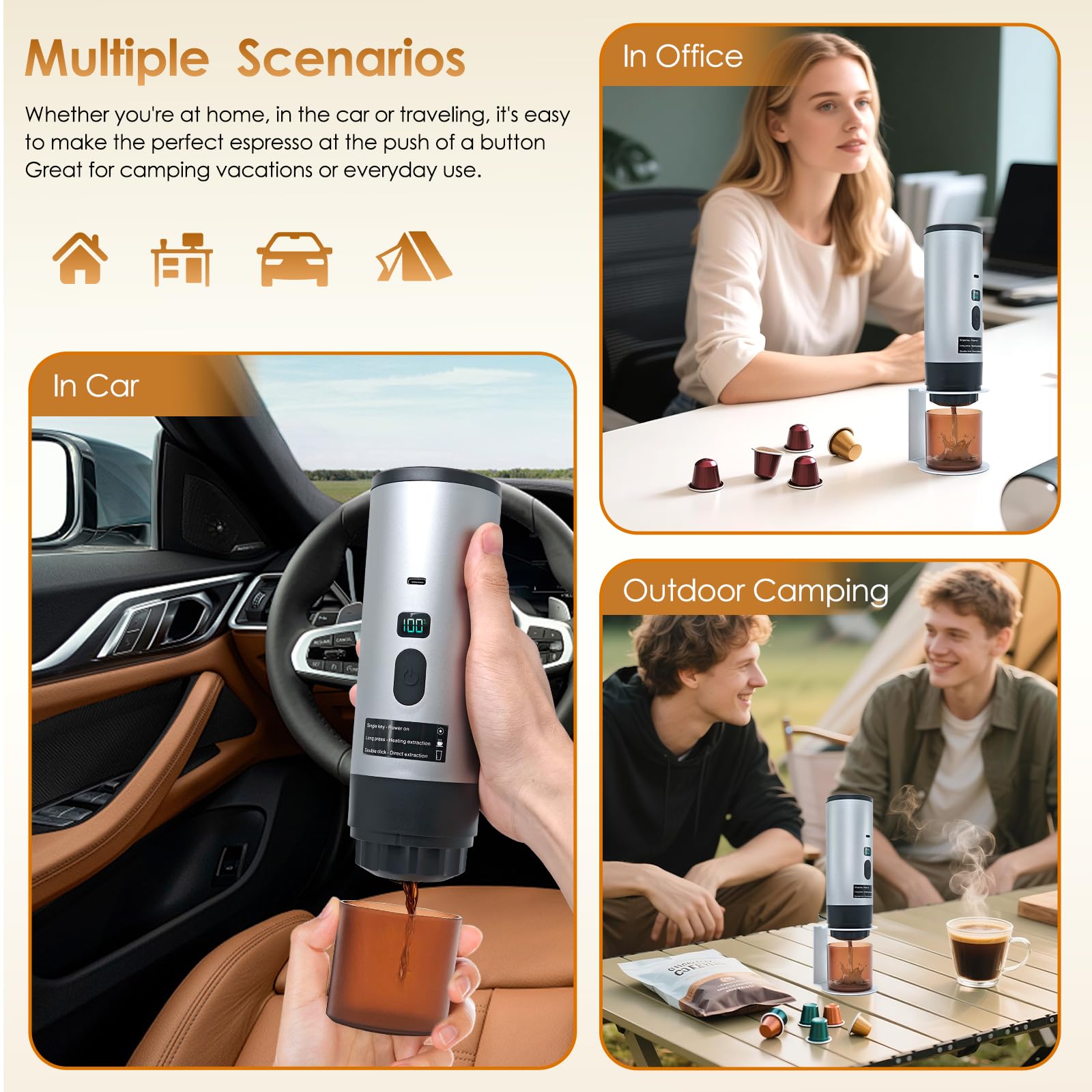 RoserRose Caffettiera Portatile, Macchina per Caffè Viaggio - Senza Fili & Auto-Riscaldante - Con Batteria 7800mAh, 15 Bar di Pressione - Compatibile con NS/DG/Caffè Macinato (Grigio)