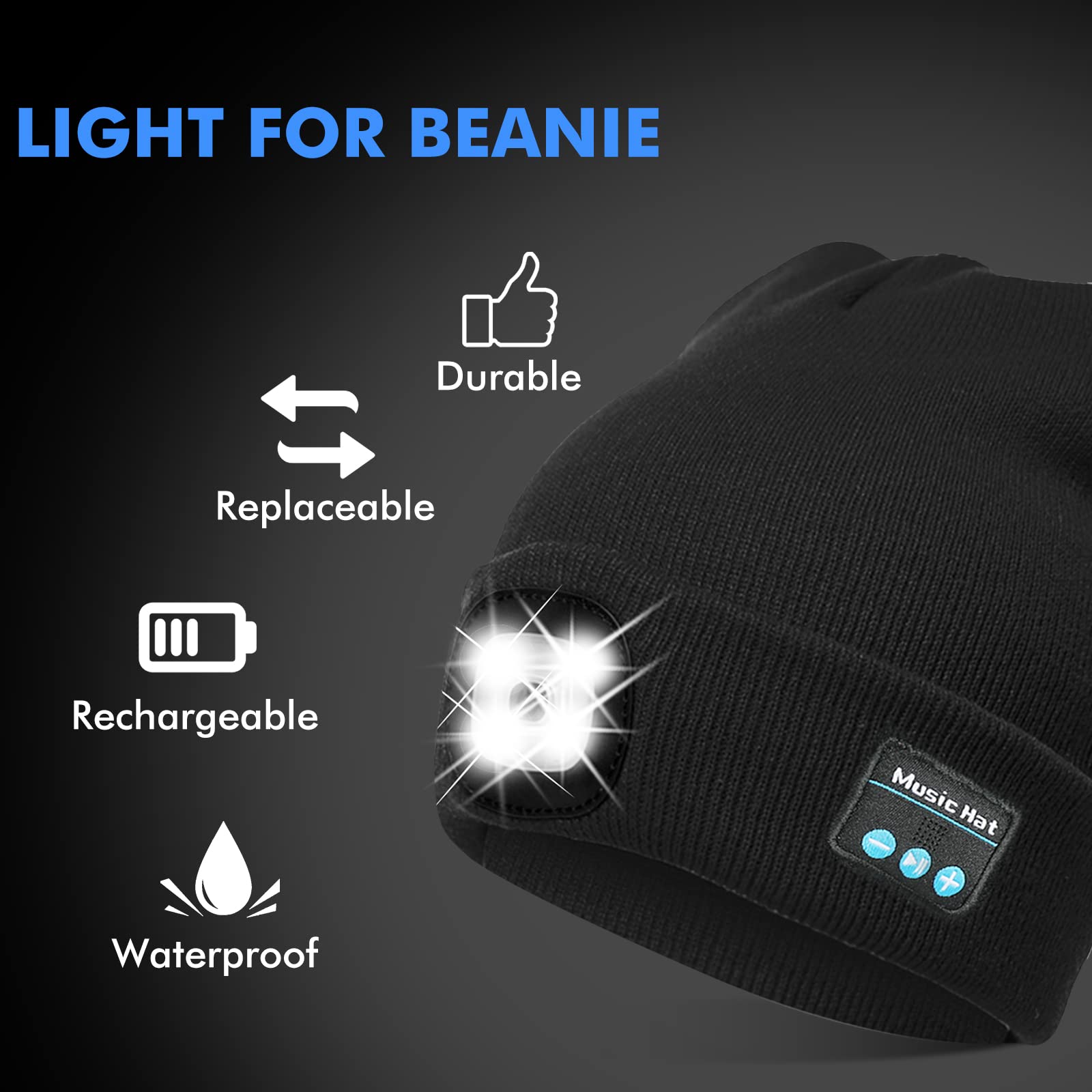 TAGVO USB Rechargeable Light for LED Knit Beanie Hat, Lighting Modes Hands Free Flashlight, Replaceable Headlamp for Most Beanies Skull Cap