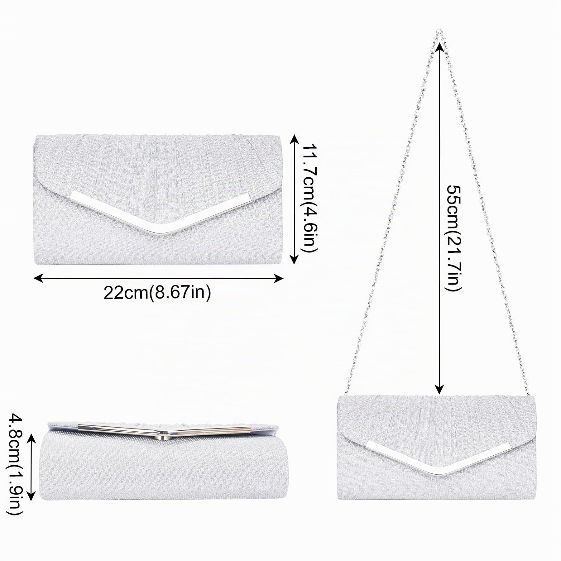 Larcenciel Sac a Main Femme, Pochette Enveloppe Plissés à Paillettes Tendance Avec Chaîne, Pochette Argent Brillant Sac Soirée Cabas Sacoche Bandoulière pour Fête, Mariage, Cérémonie, Date,22x11.7x5cm