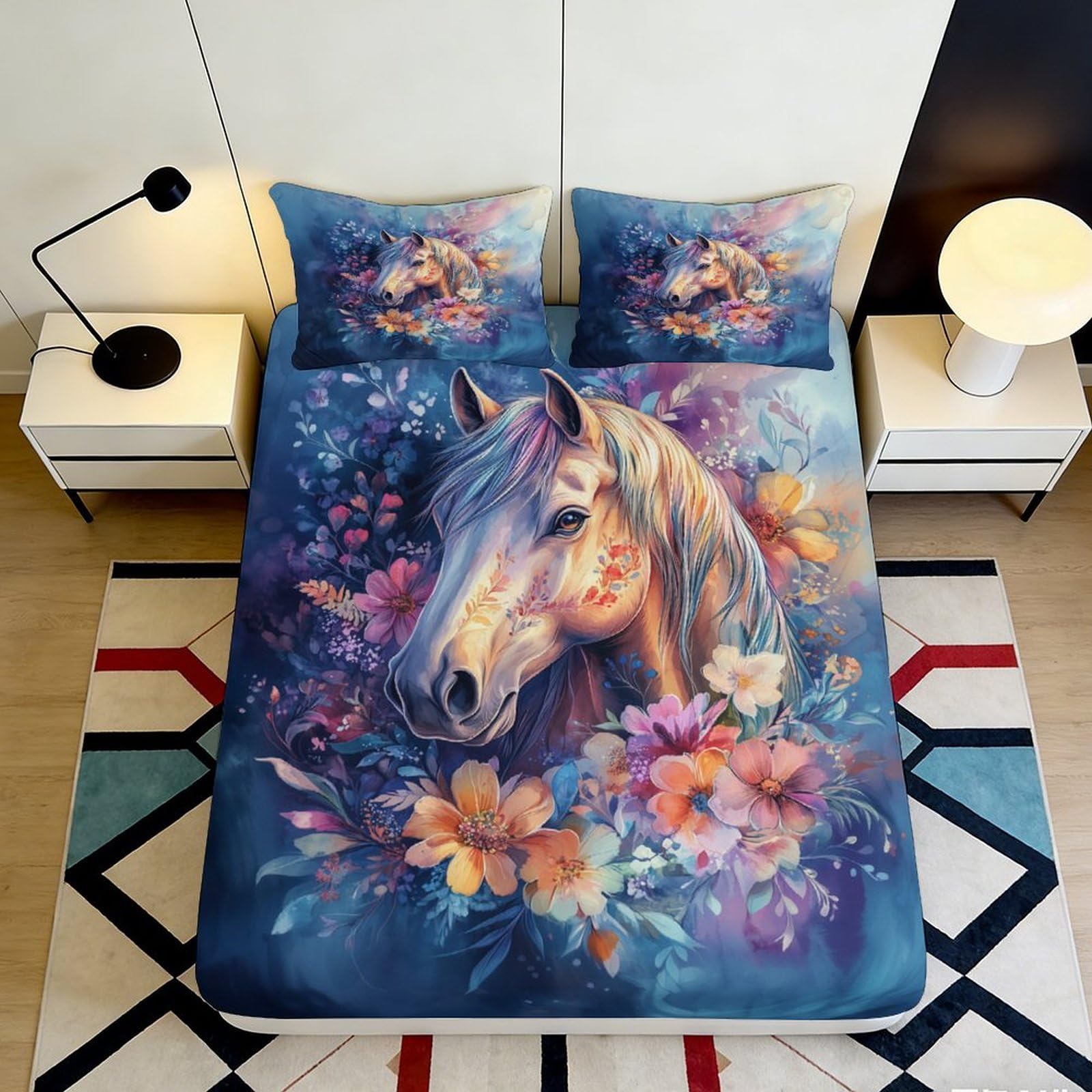 3D Printed Horse Floral Fitted Sheet Microfiber Deep Pocket Elastic Hem Bedroom Bedding Horse Mattress Fitted Cover 140x200x25cm