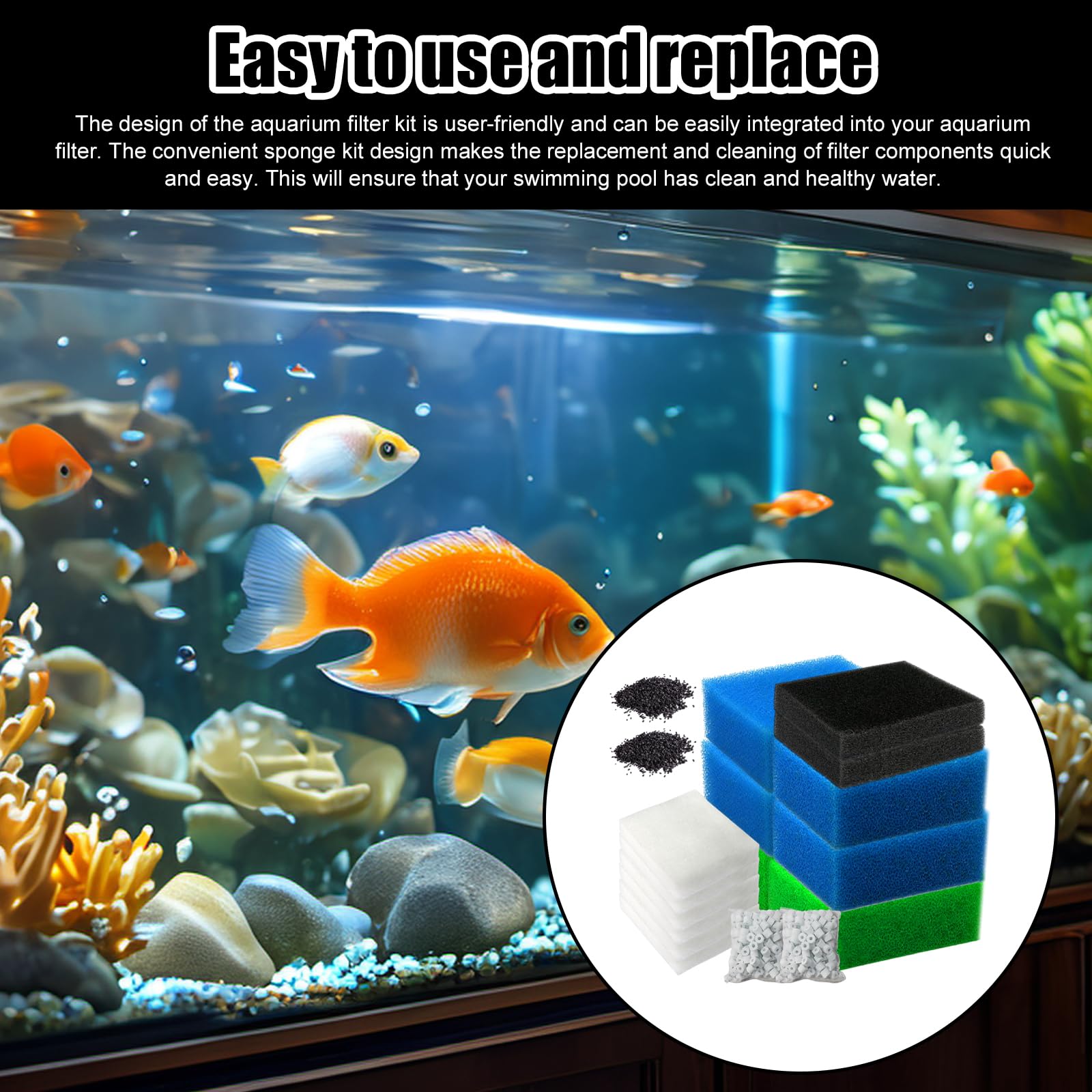 Set di filtri compatibili, kit per filtri per acquario, 6 spugne (2 blu fine, 2 blu grosso, 2 verdi), 6 lana filtrante, 2 spugne al carbonio attivo, 2 sacchetti di carbone attivo, 2 anelli in ceramica