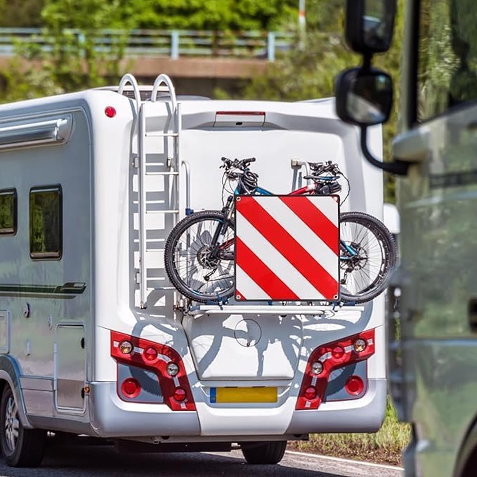 2 in 1 Segnale di Avvertimento Italia e Spagna,Targa di avvertimento per Portabici in Alluminio 50 x 50 cm,Segnale di Avvertimento Bianco Rosso,per Portabici,Portabici,Roulotte,Camper,Camper