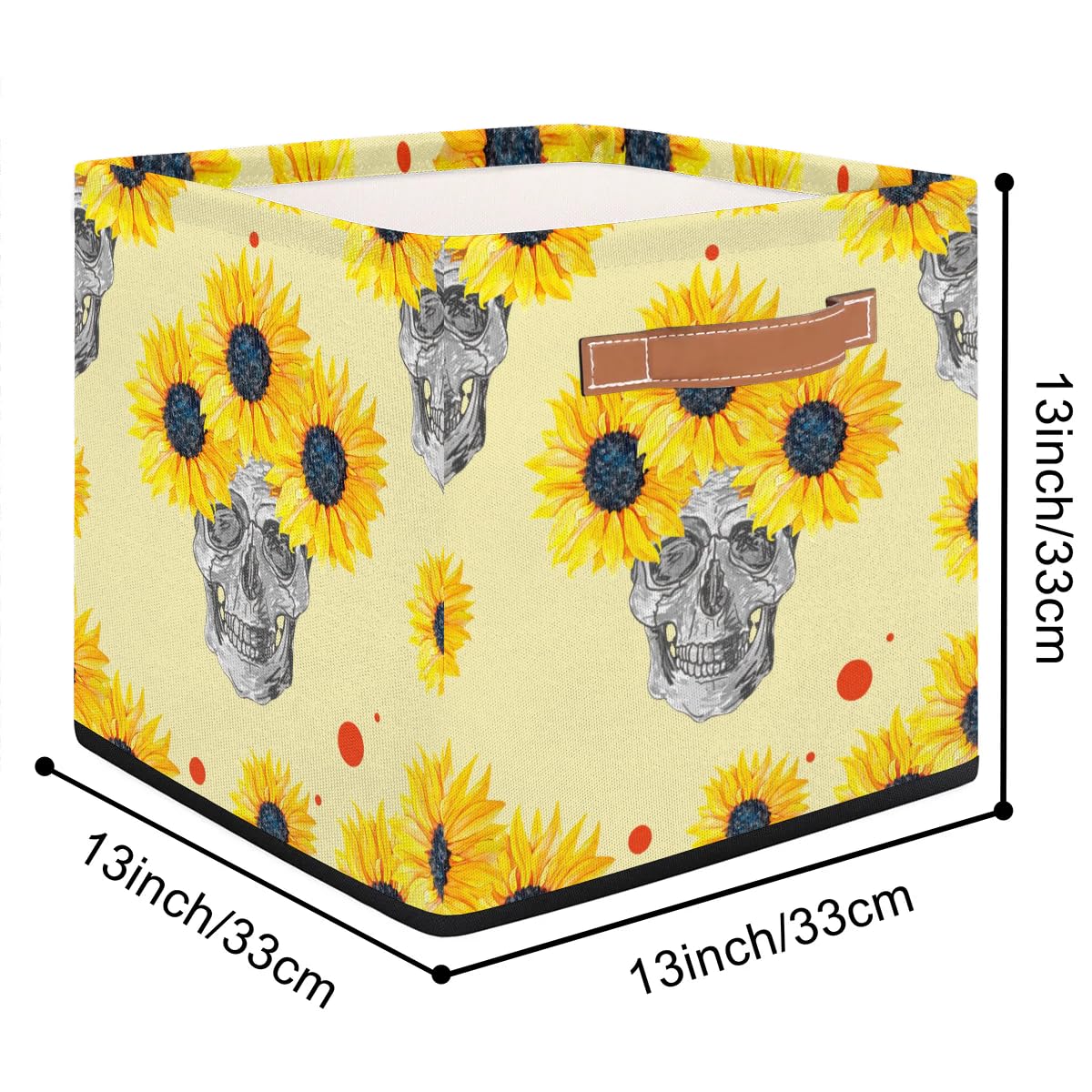 Mularoka Wreath Skull Sunflower Storage Basket 13*13*13 Inch Collapsible Storage Bins Foldable Storage Box Bins with Handles For Clothes Kitchen Living Room Storage